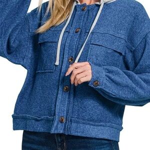 Zenana Blue Brushed Hooded Shacket